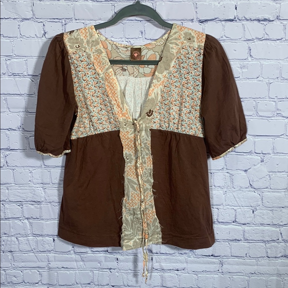 Language Y2K Womens Babydoll Patchwork Short Sleeve Top Brown Size M Mixedmedia